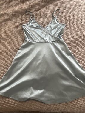 Silver/blue Satin Slip Dress with Thin Straps